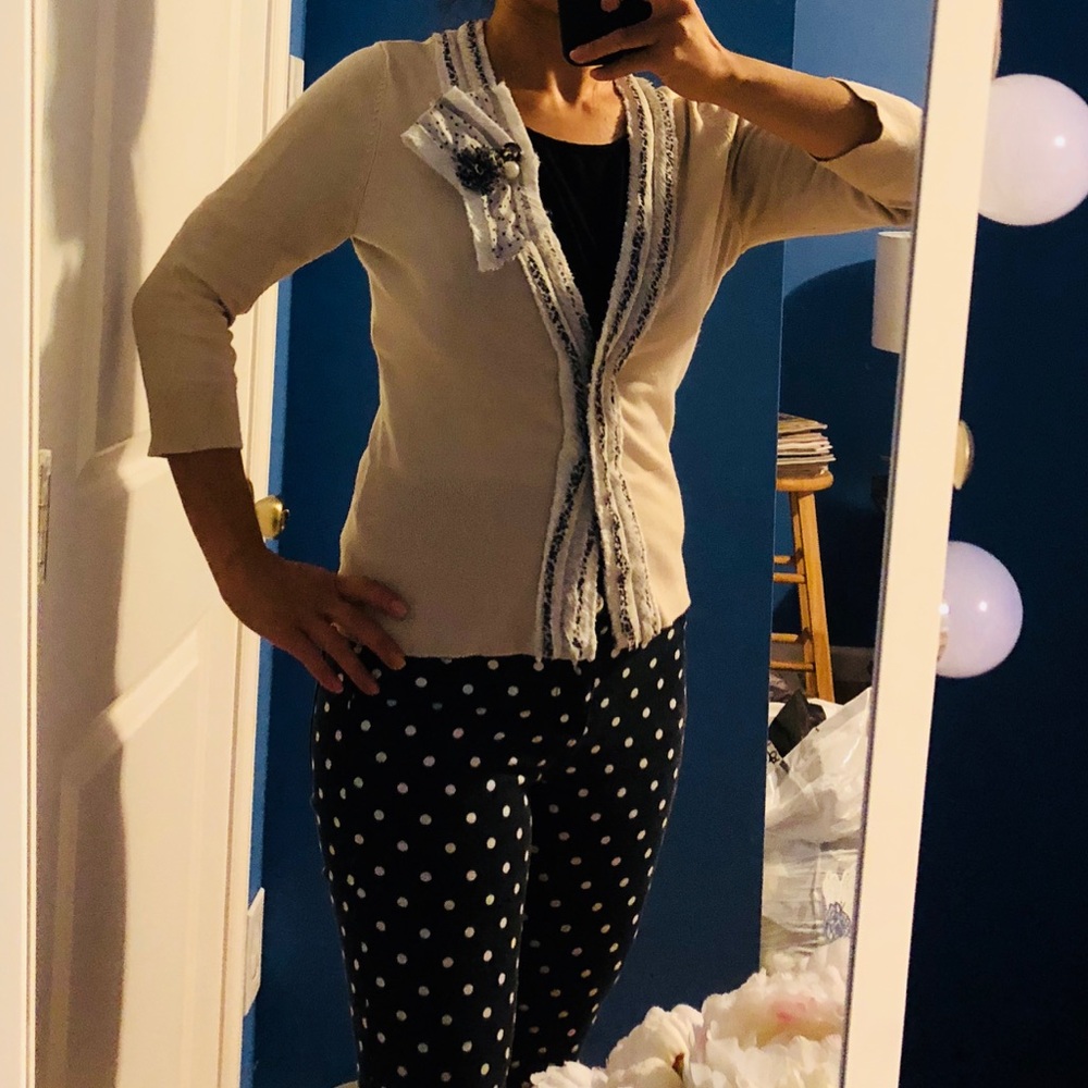 WHBM Cream Cardigan with Leopard Trim and Bow
